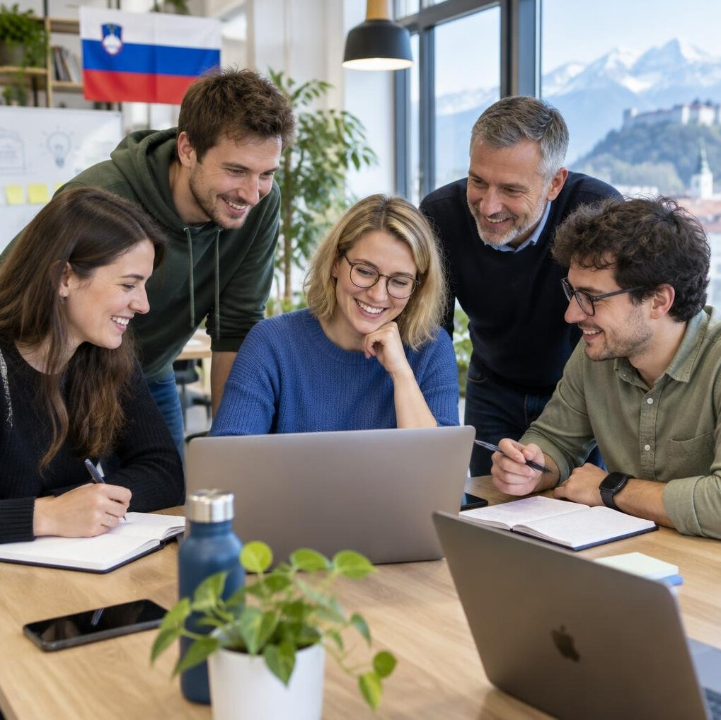 Team of colleagues collaborating around a table with laptops