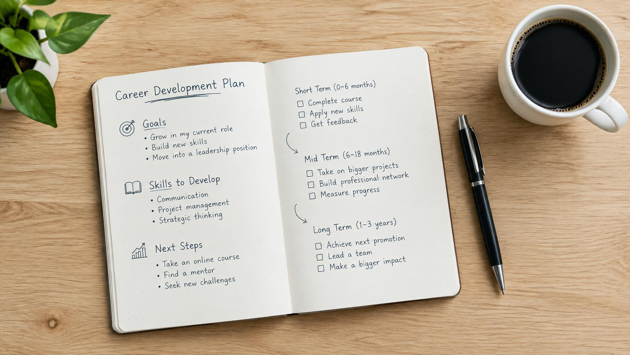 Notebook with a career plan and pen on a wooden desk