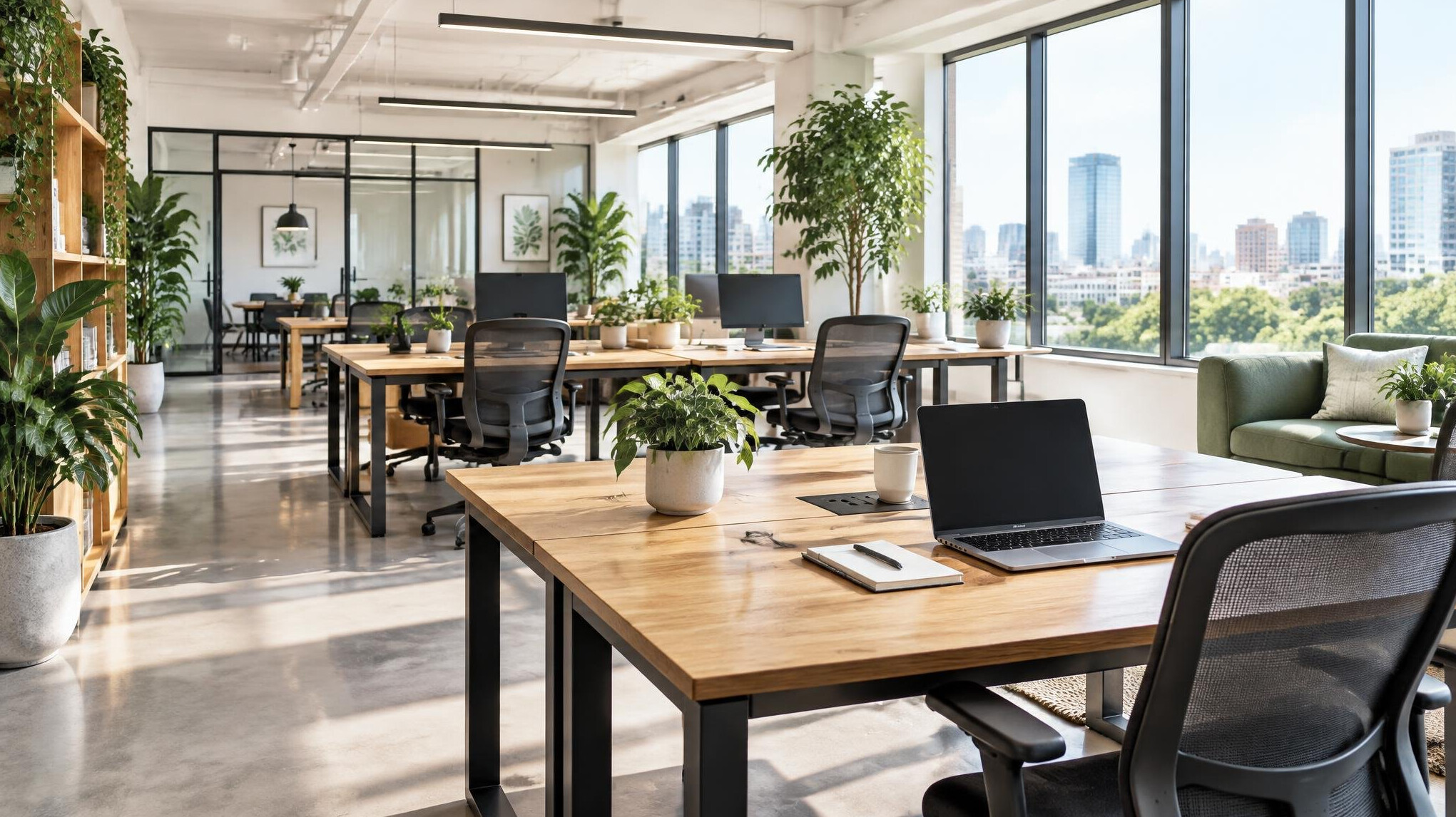 Bright modern office interior with desks and large windows