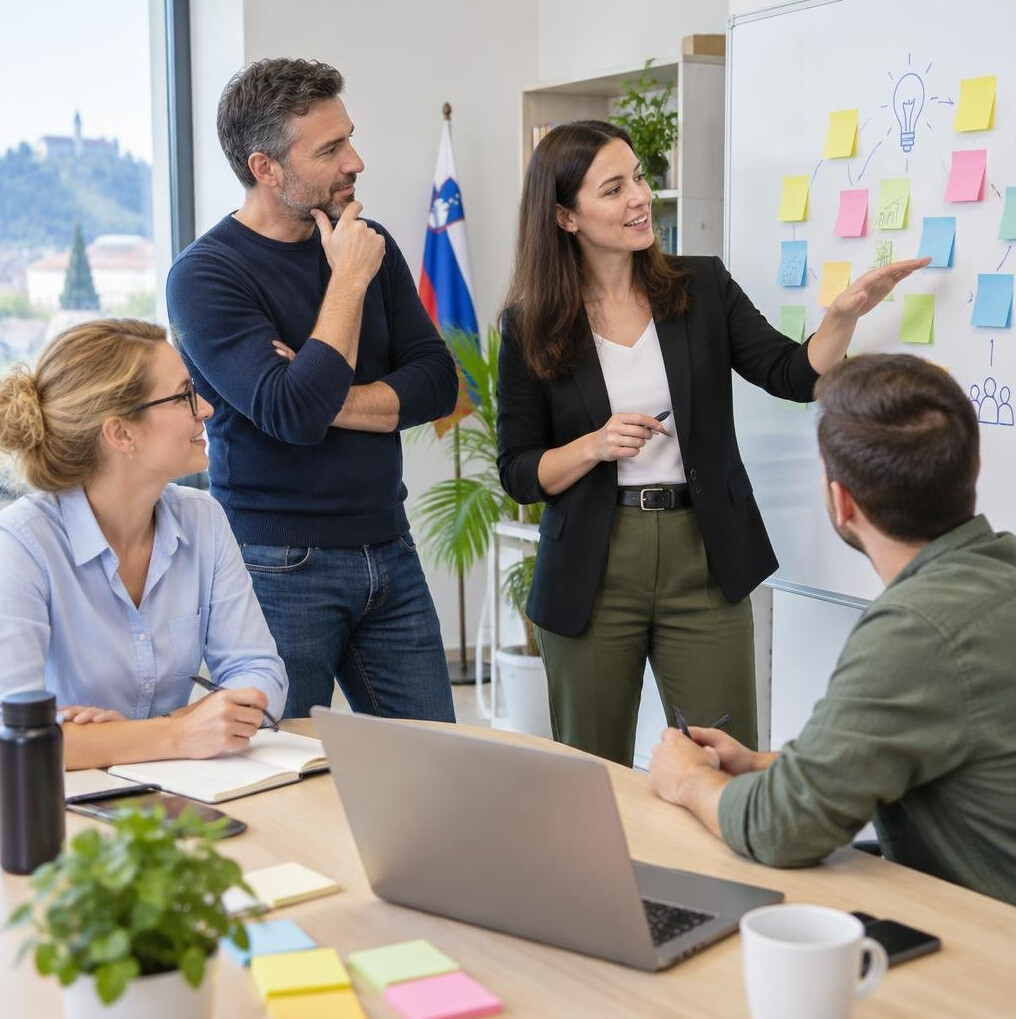 Colleagues in a planning meeting with a whiteboard