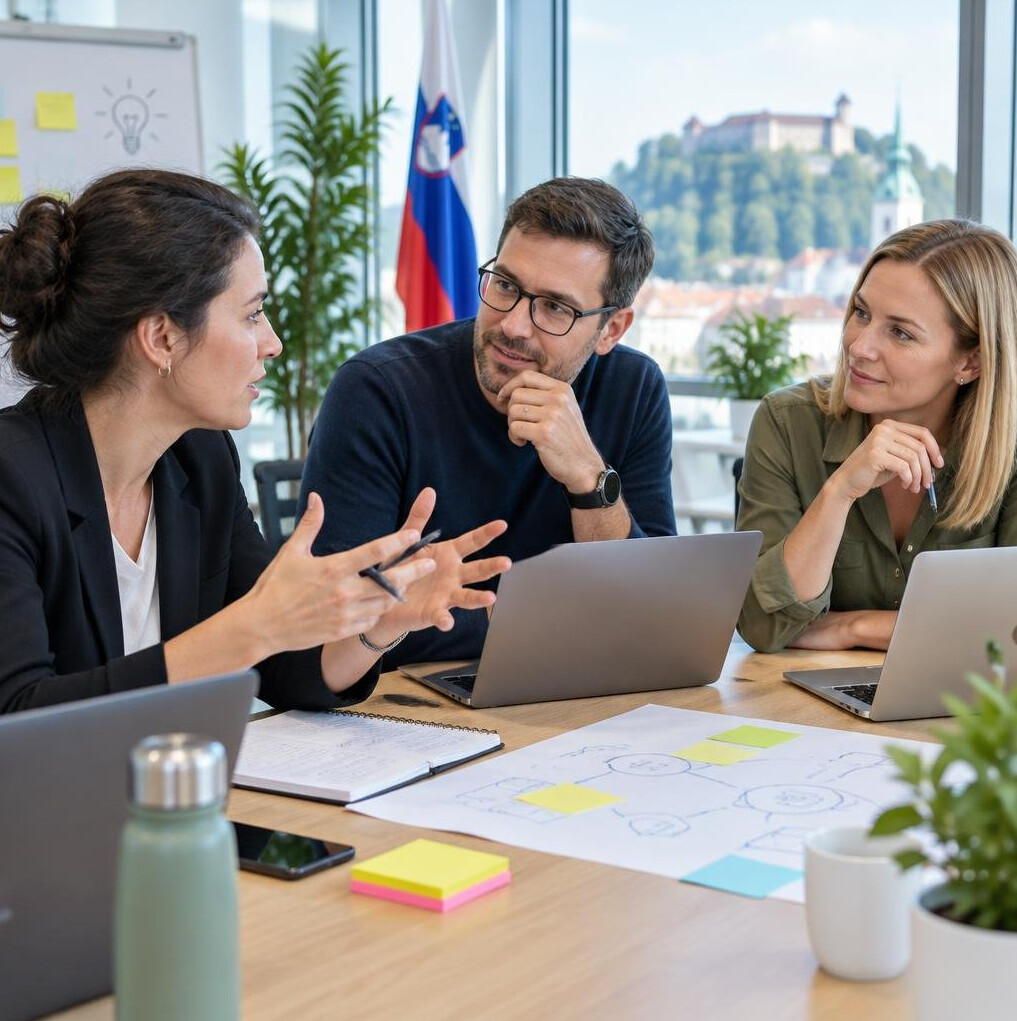 Colleagues in discussion during a business workshop
