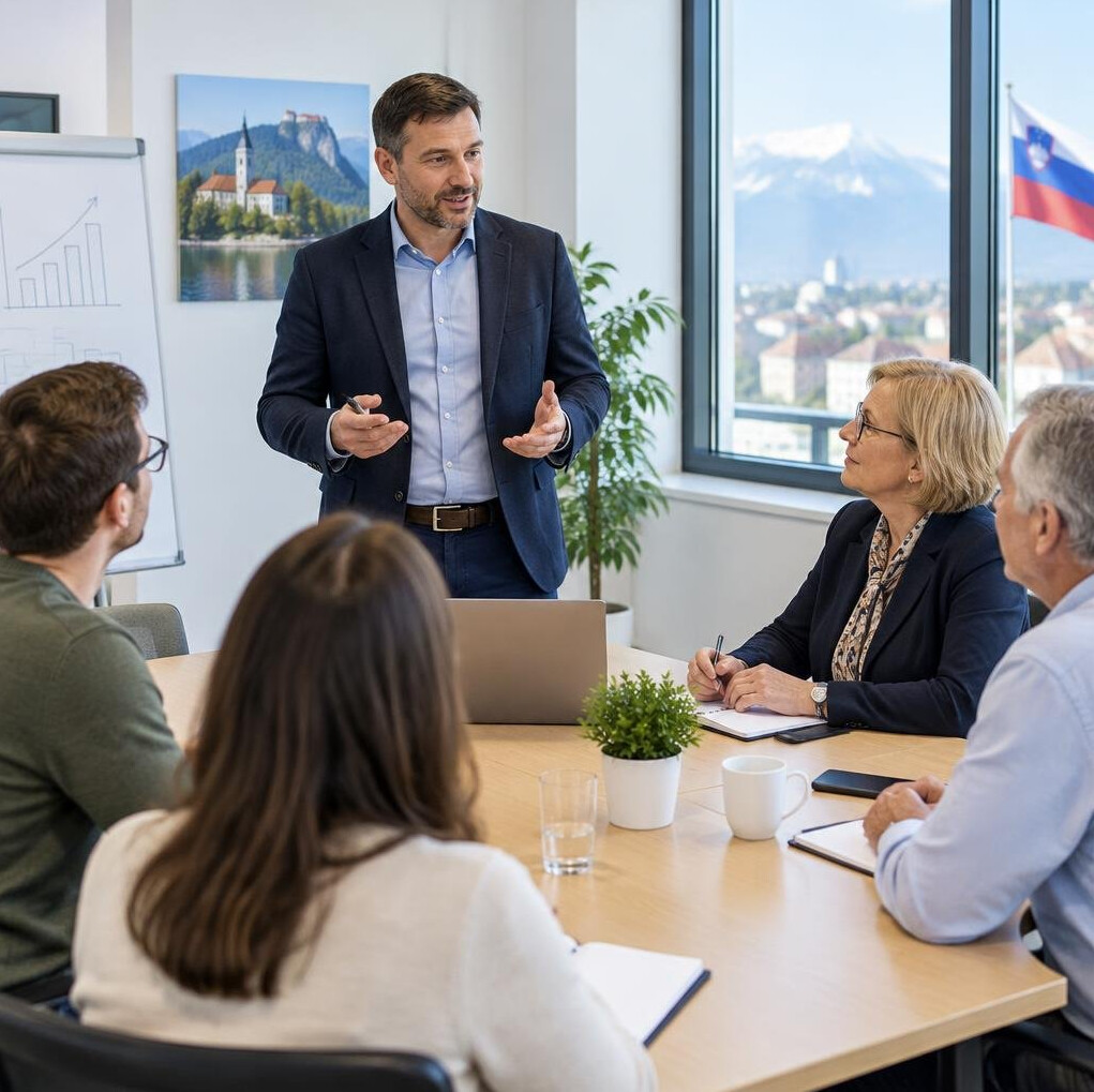 Team leader presenting to colleagues around a meeting table