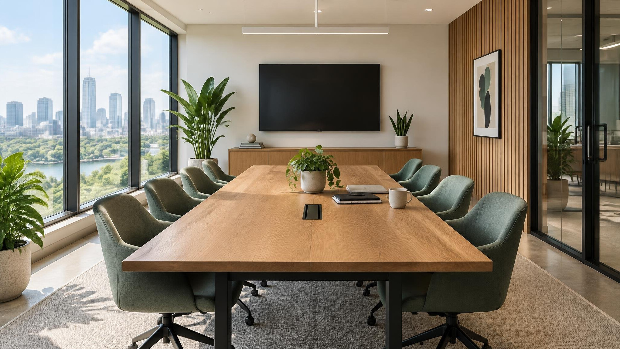 Modern office meeting room with a long table and chairs