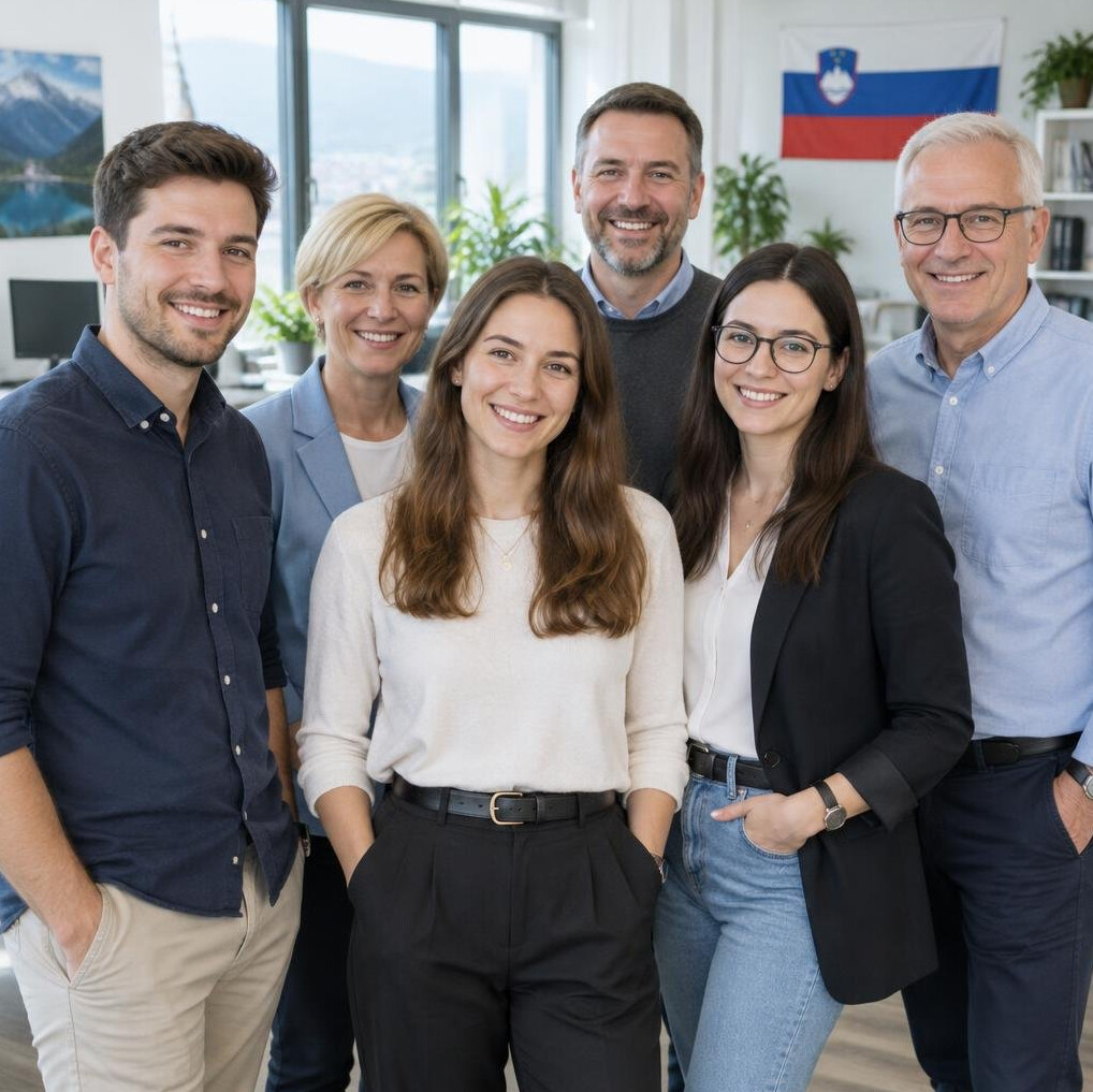 Group of colleagues smiling together in an office